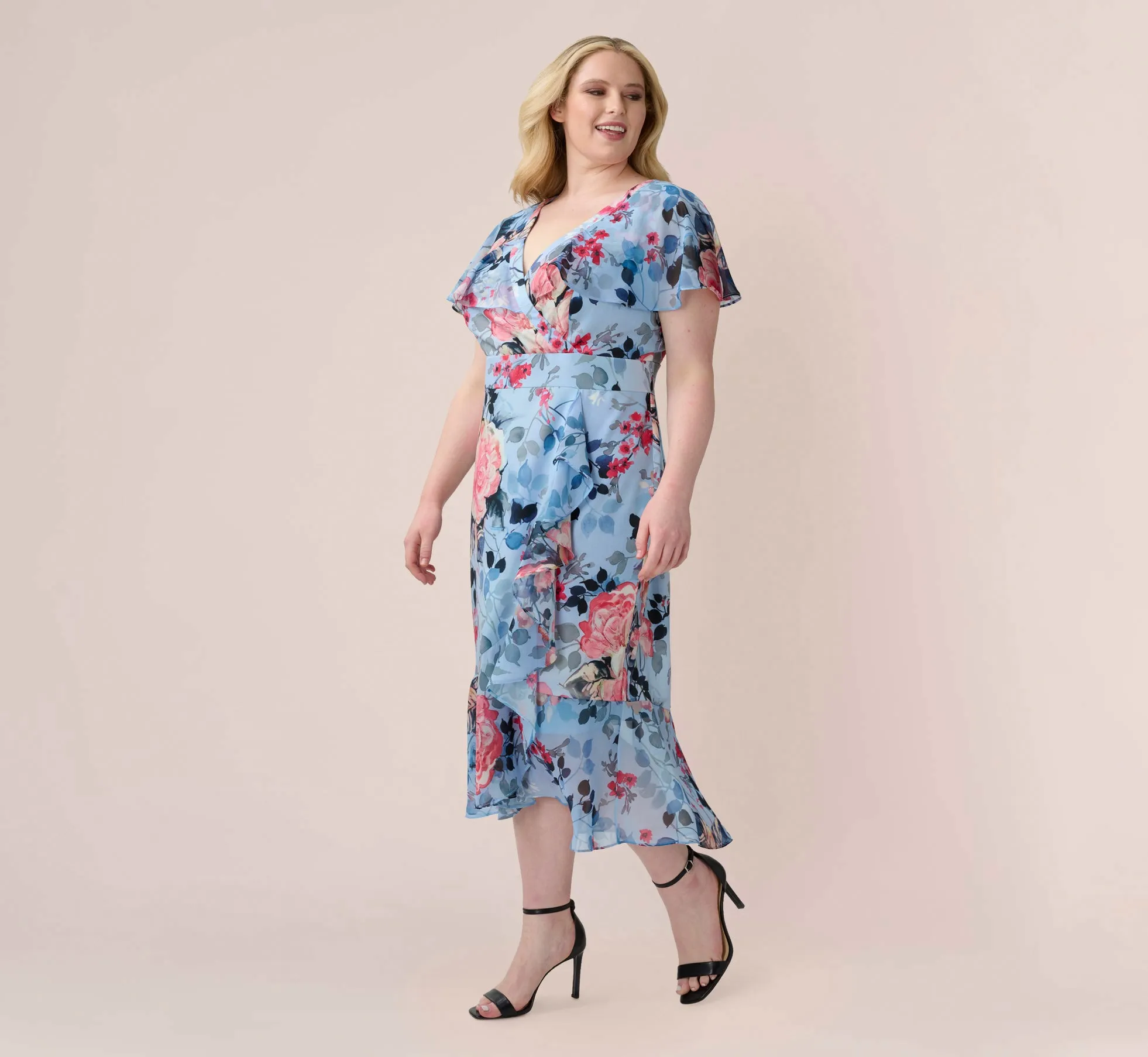 Plus Size Floral Faux Wrap Dress In Blue Multi