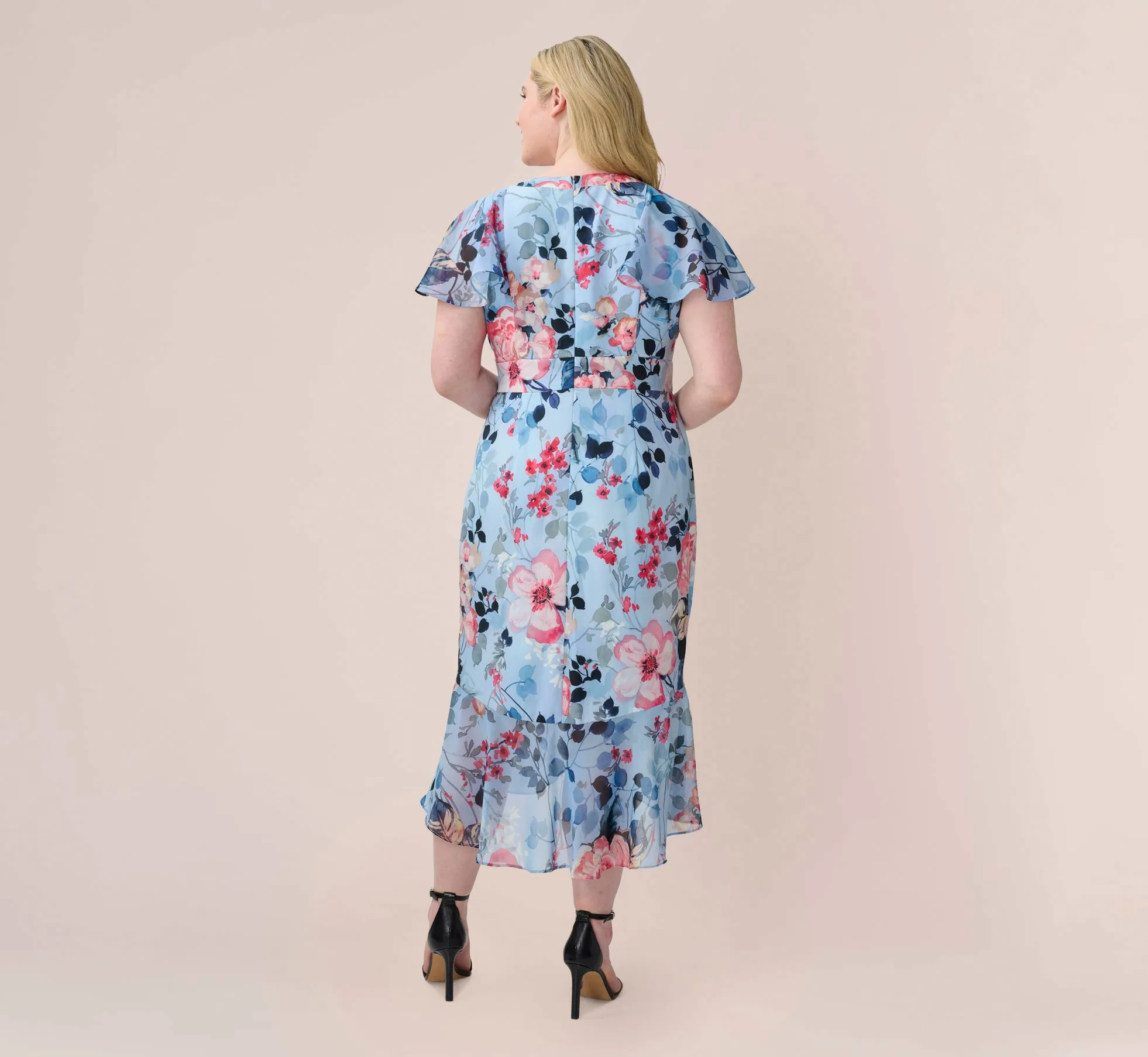 Plus Size Floral Faux Wrap Dress In Blue Multi