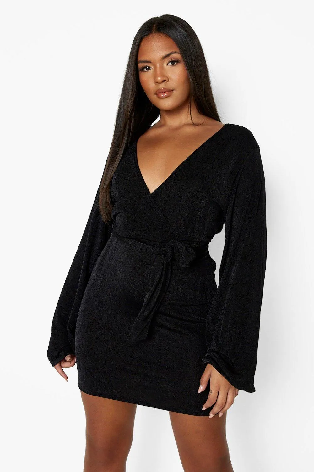 Plus Slinky Blouson Sleeve Wrap Front Dress