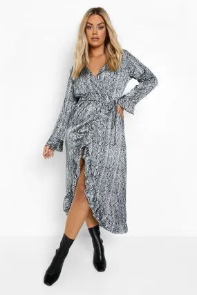 Plus Snake Ruffle Wrap Dress