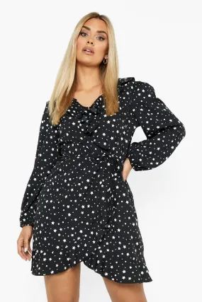 Plus Woven Star Print Wrap Tea Dress