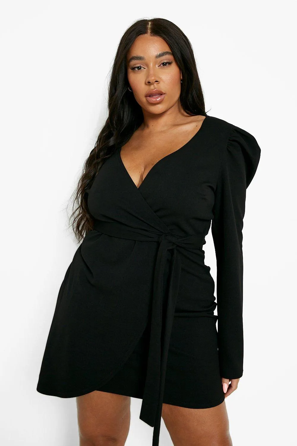 Plus Wrap Belted Puff Sleeve Dress