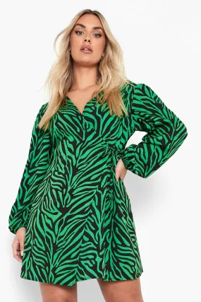 Plus Zebra Print Balloon Sleeve Wrap Shift Dress