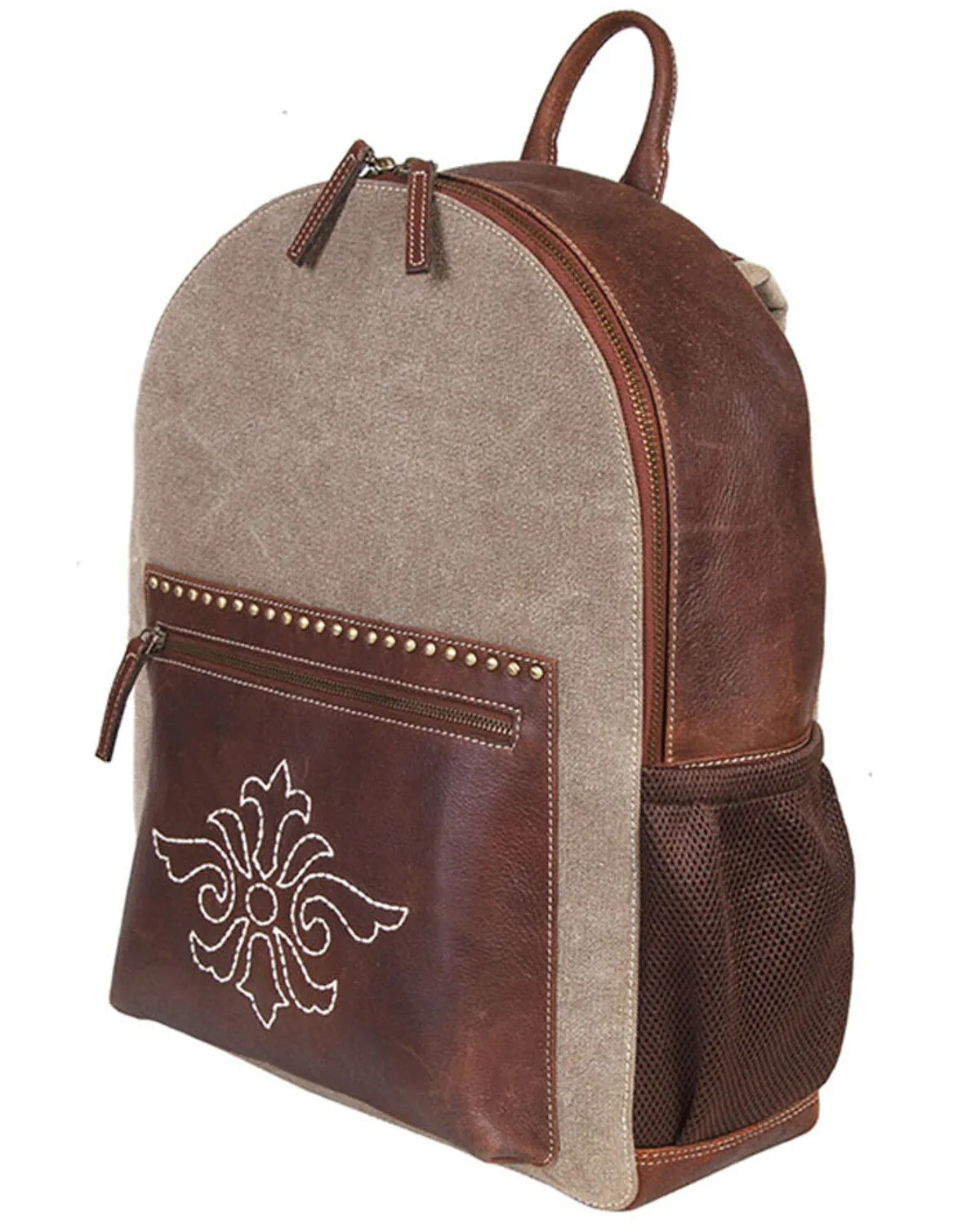 Product Name:  Scully Canvas and Leather Studded and Floral Embroidered Backpack