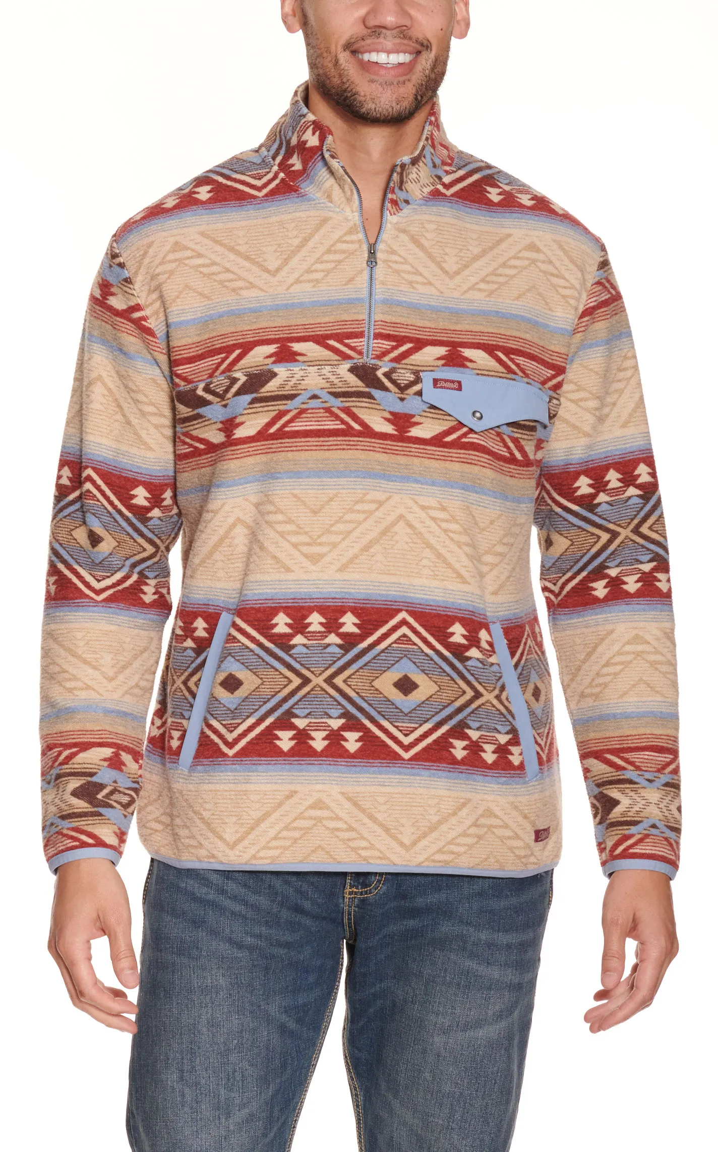 Rafter C Men's Red Dirt Collection Sandy Tan Blue and Rich Red Aztec 1/4 Zip Pullover