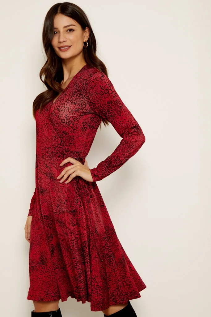 Red Leopard Print Wrap Jersey Dress