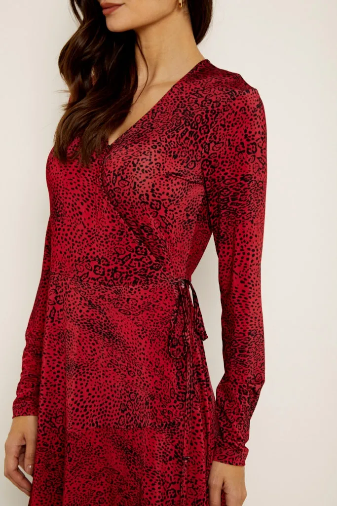 Red Leopard Print Wrap Jersey Dress