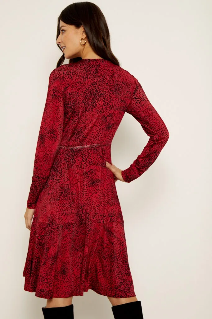 Red Leopard Print Wrap Jersey Dress