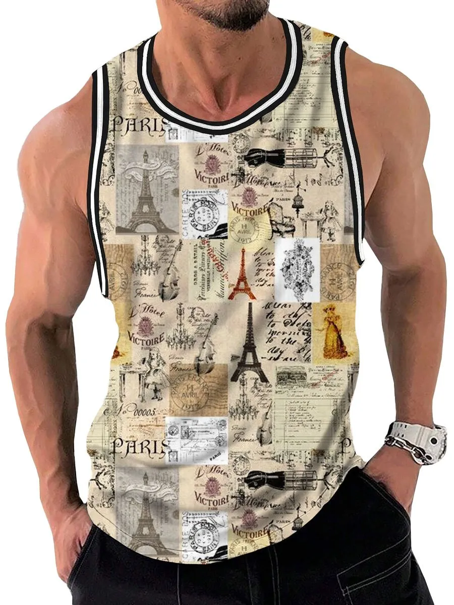 Retro Newspaper Print Casual Round Neck Sleeveless Tank Top