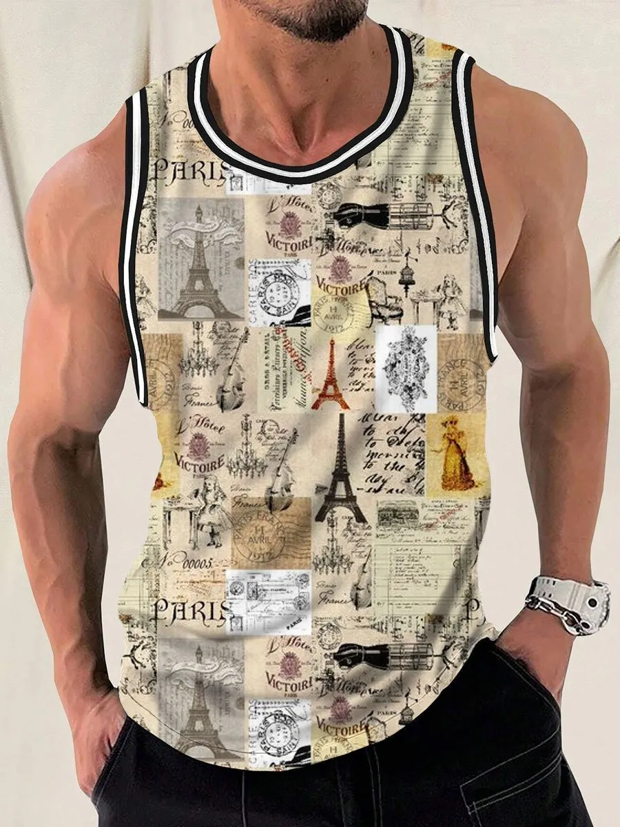 Retro Newspaper Print Casual Round Neck Sleeveless Tank Top