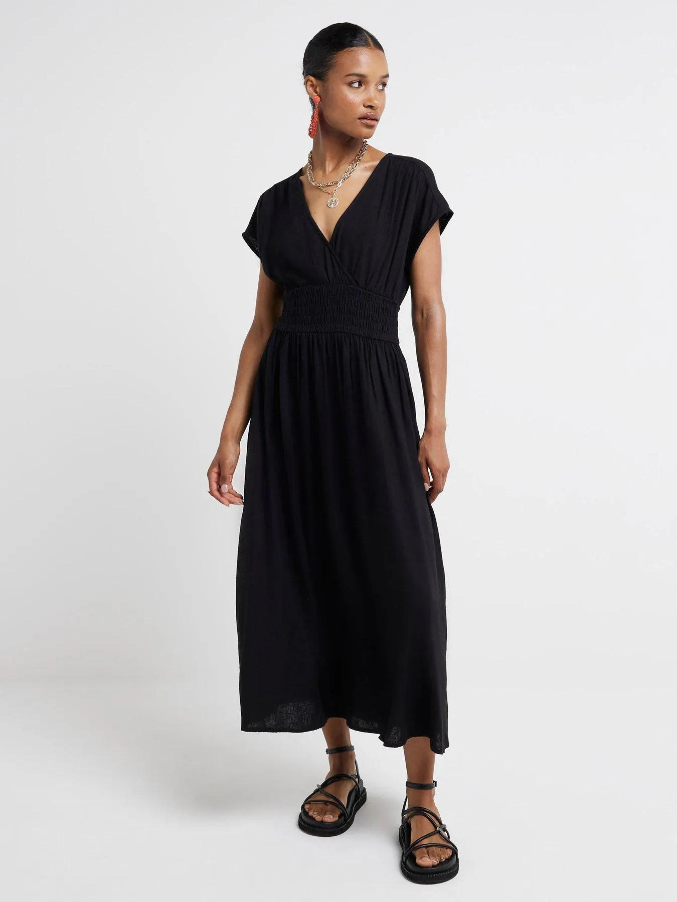 River Island Shirred Wrap Linen Dress - Black