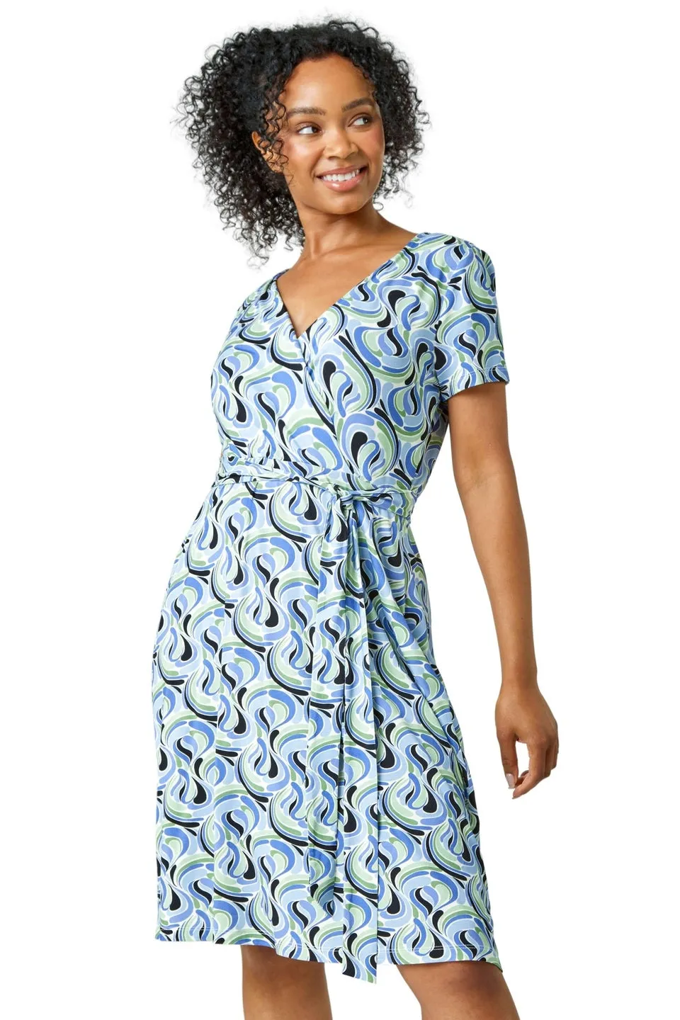 Roman Petite Blue Petite Swirl Print Jersey Wrap Dress