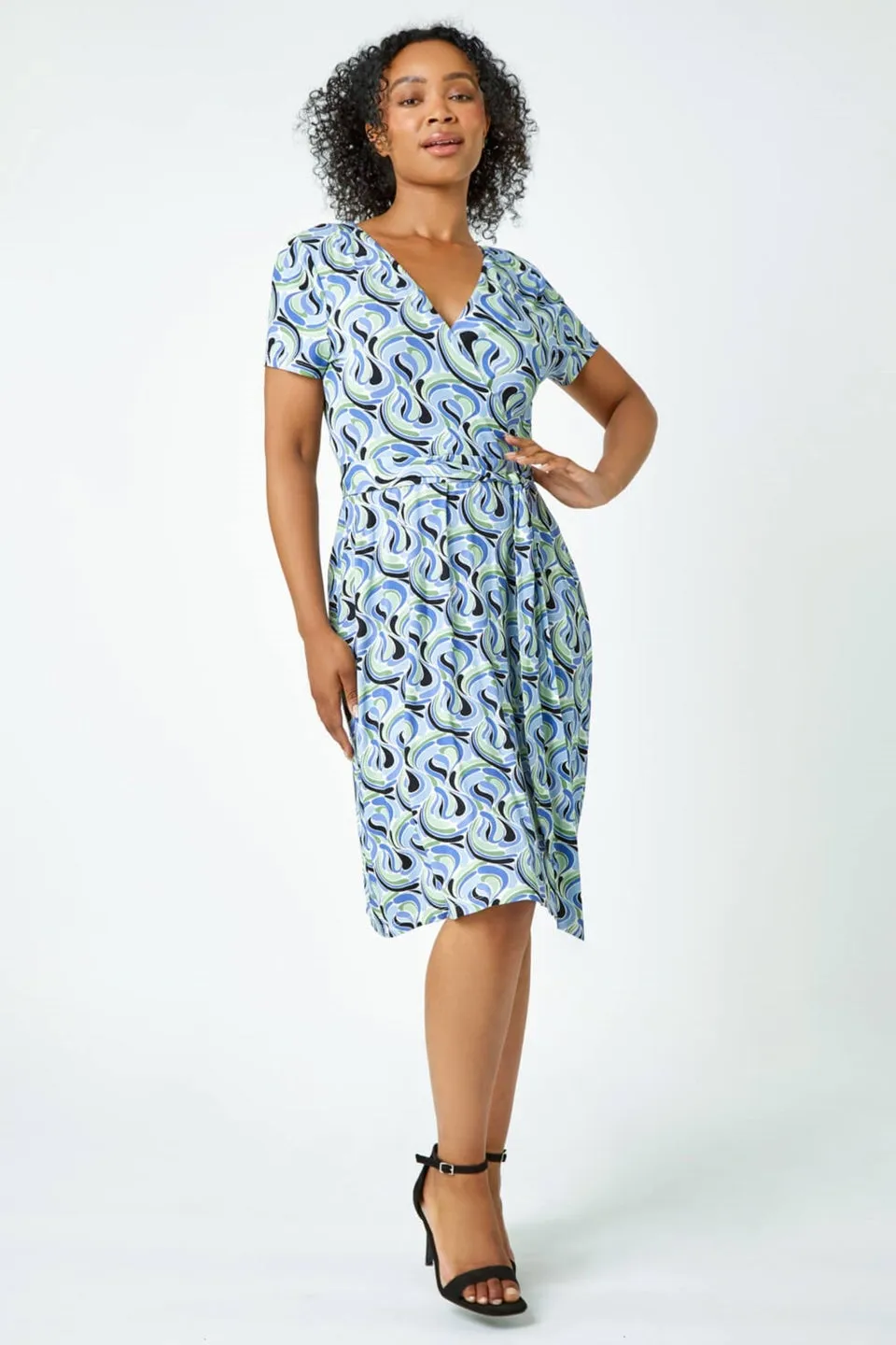 Roman Petite Blue Petite Swirl Print Jersey Wrap Dress