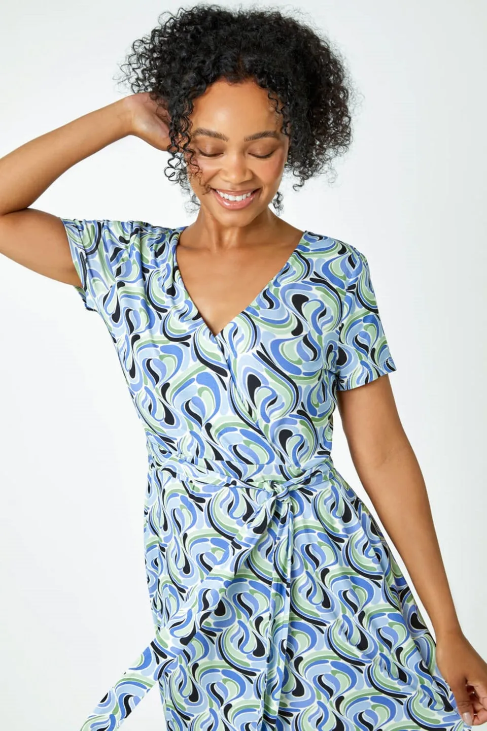 Roman Petite Blue Petite Swirl Print Jersey Wrap Dress