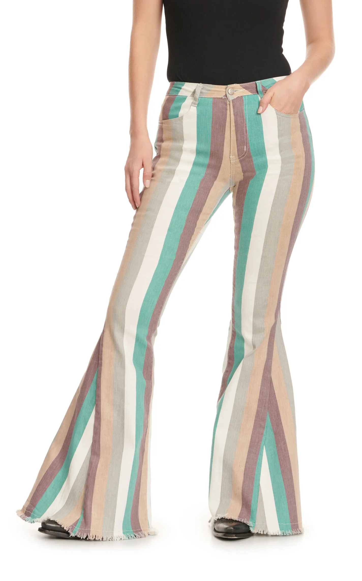 Saints & Hearts Women's Teal Burgundy & Grey Stripe Super Flare Leg Jeans