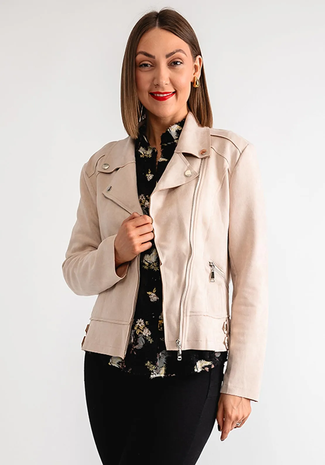 Serafina Collection Faux Suede Biker Jacket, Beige