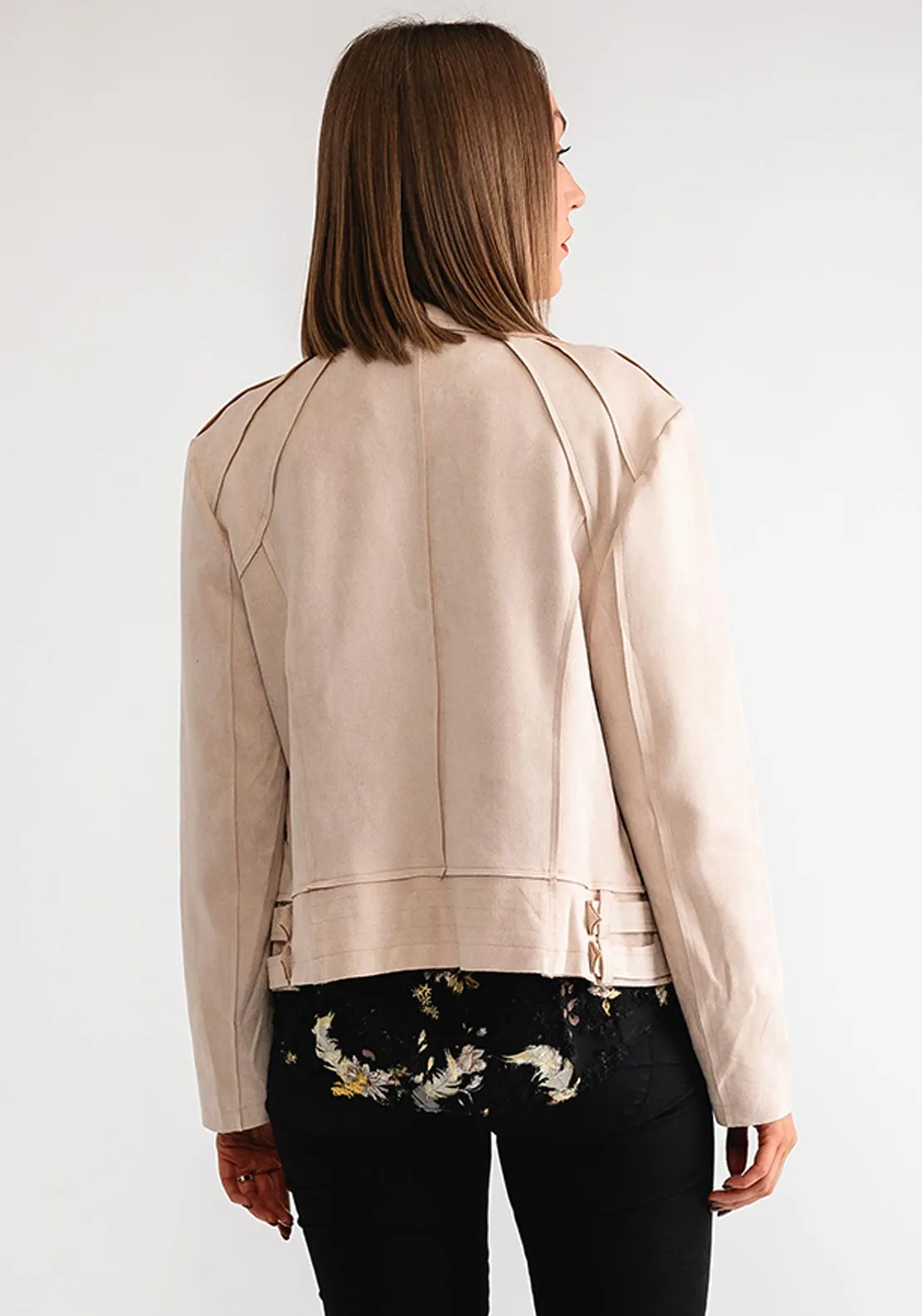 Serafina Collection Faux Suede Biker Jacket, Beige