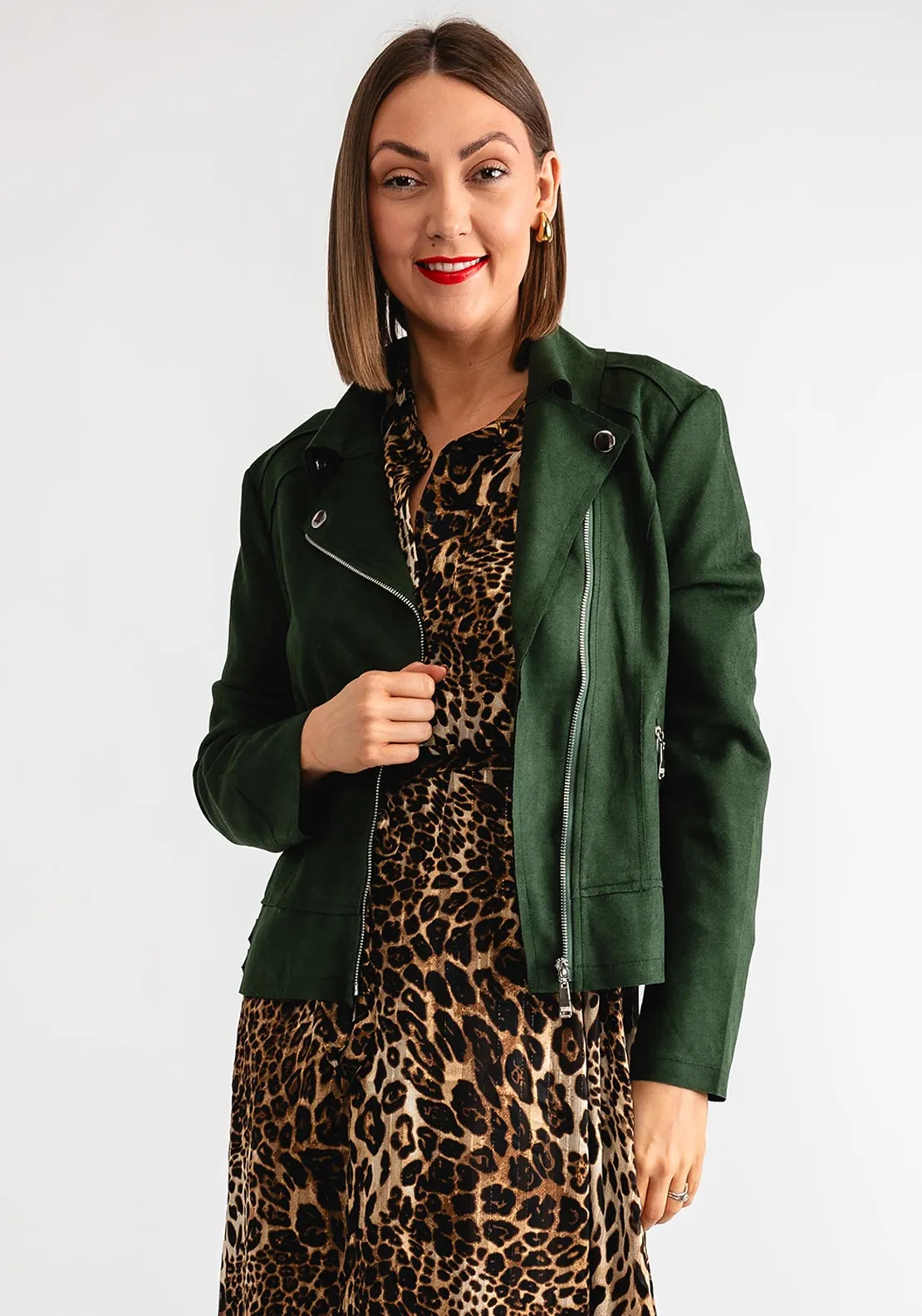 Serafina Collection Faux Suede Biker Jacket, Green