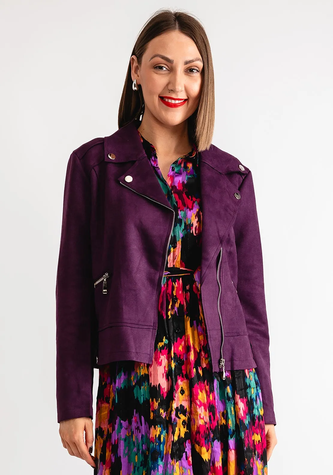 Serafina Collection Faux Suede Biker Jacket, Purple