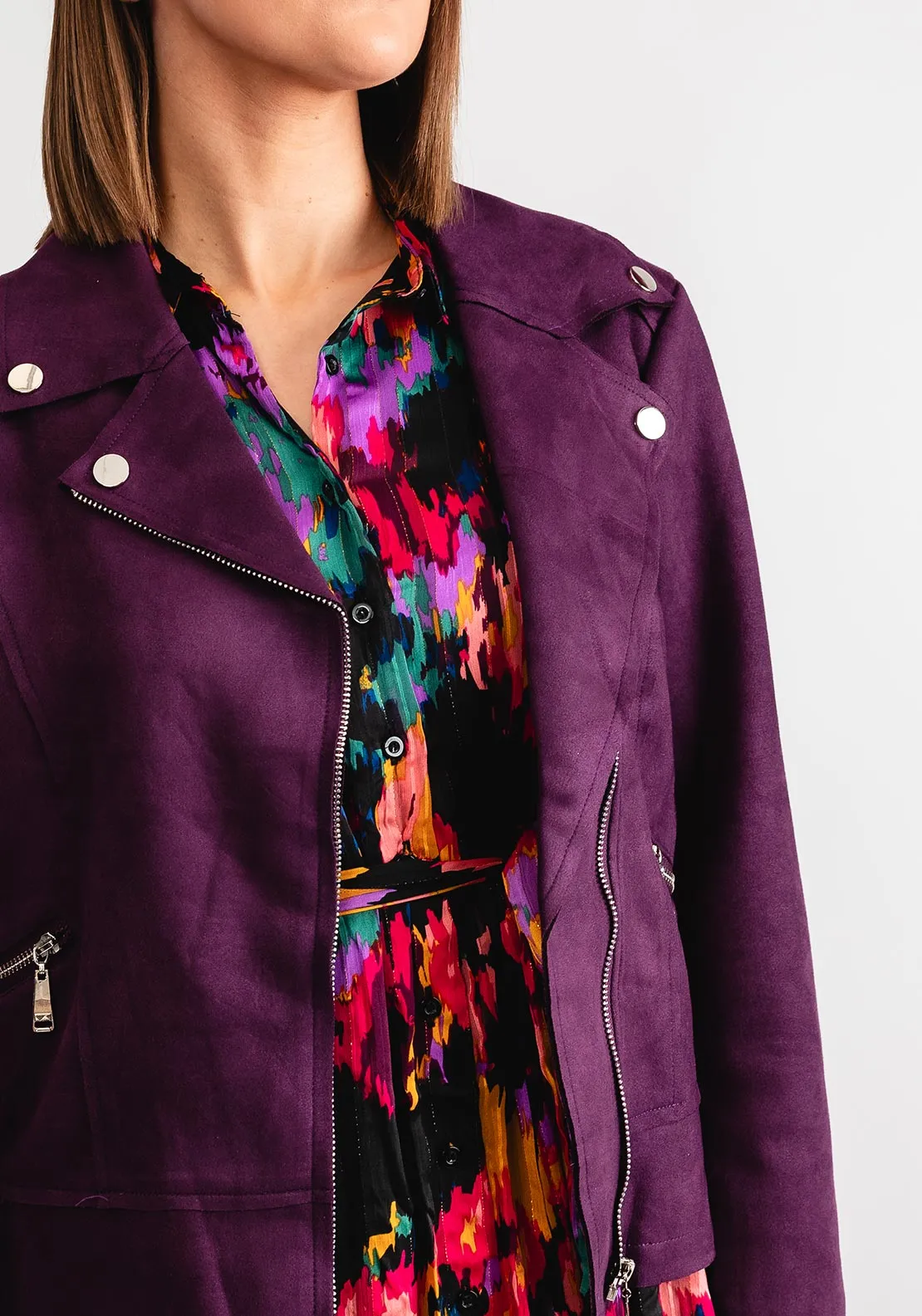 Serafina Collection Faux Suede Biker Jacket, Purple