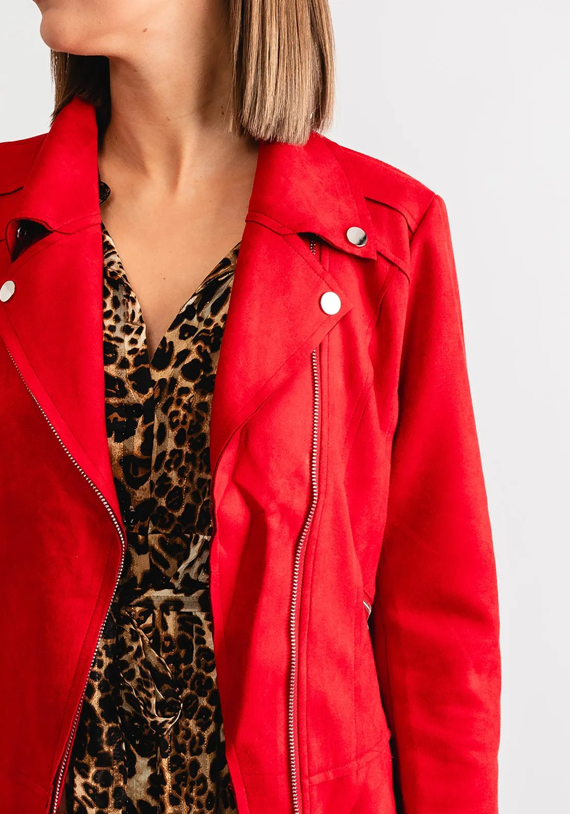 Serafina Collection Faux Suede Biker Jacket, Red