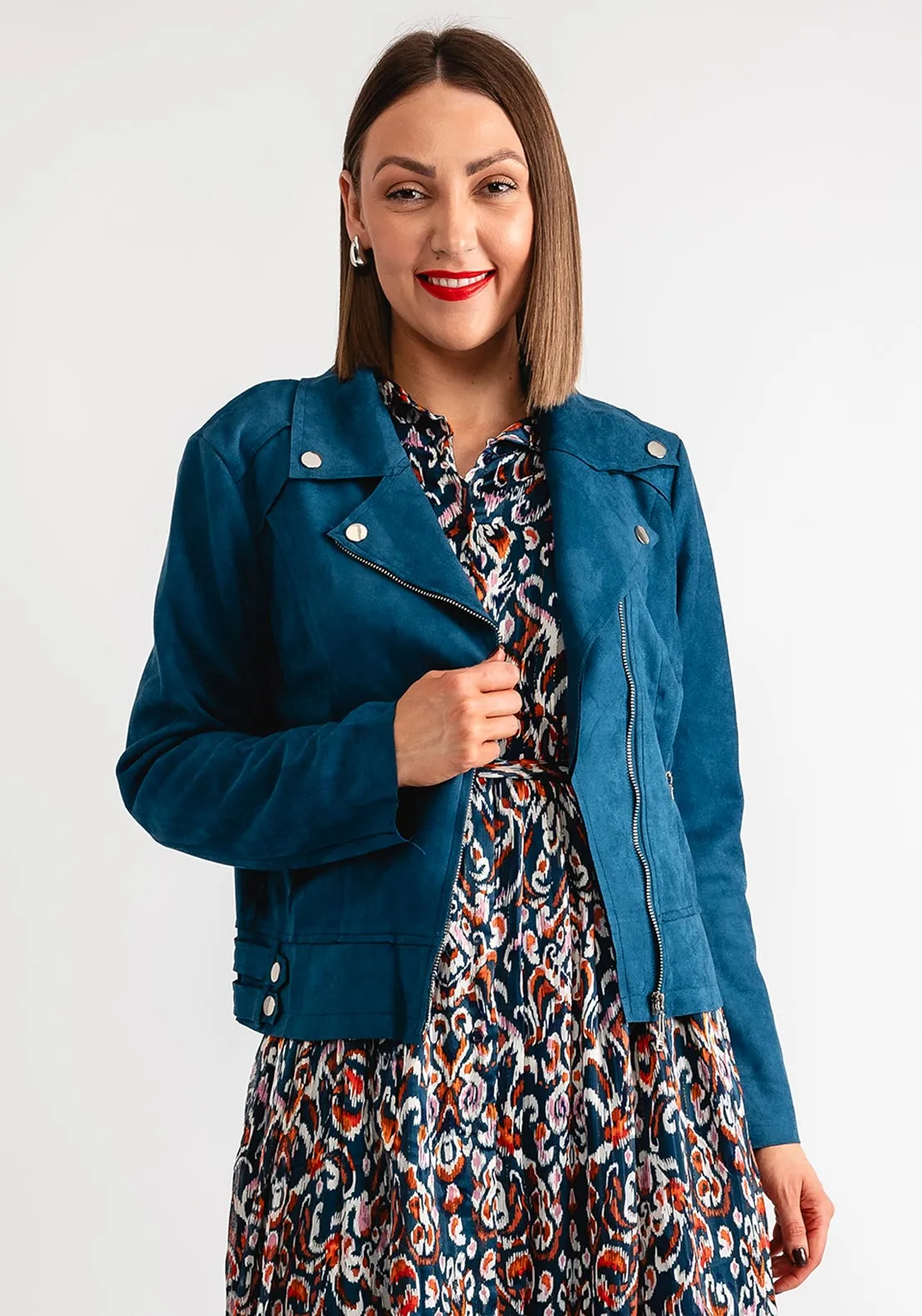 Serafina Collection Faux Suede Biker Jacket, Teal Blue