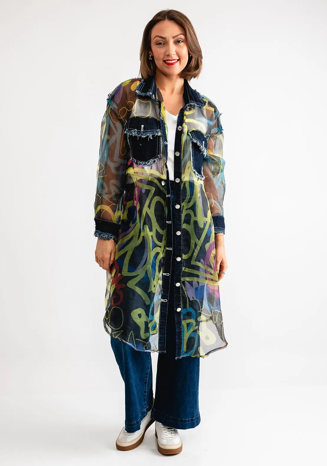 Serafina Collection One Size Geometric Print Contrast Jacket, Green Multi