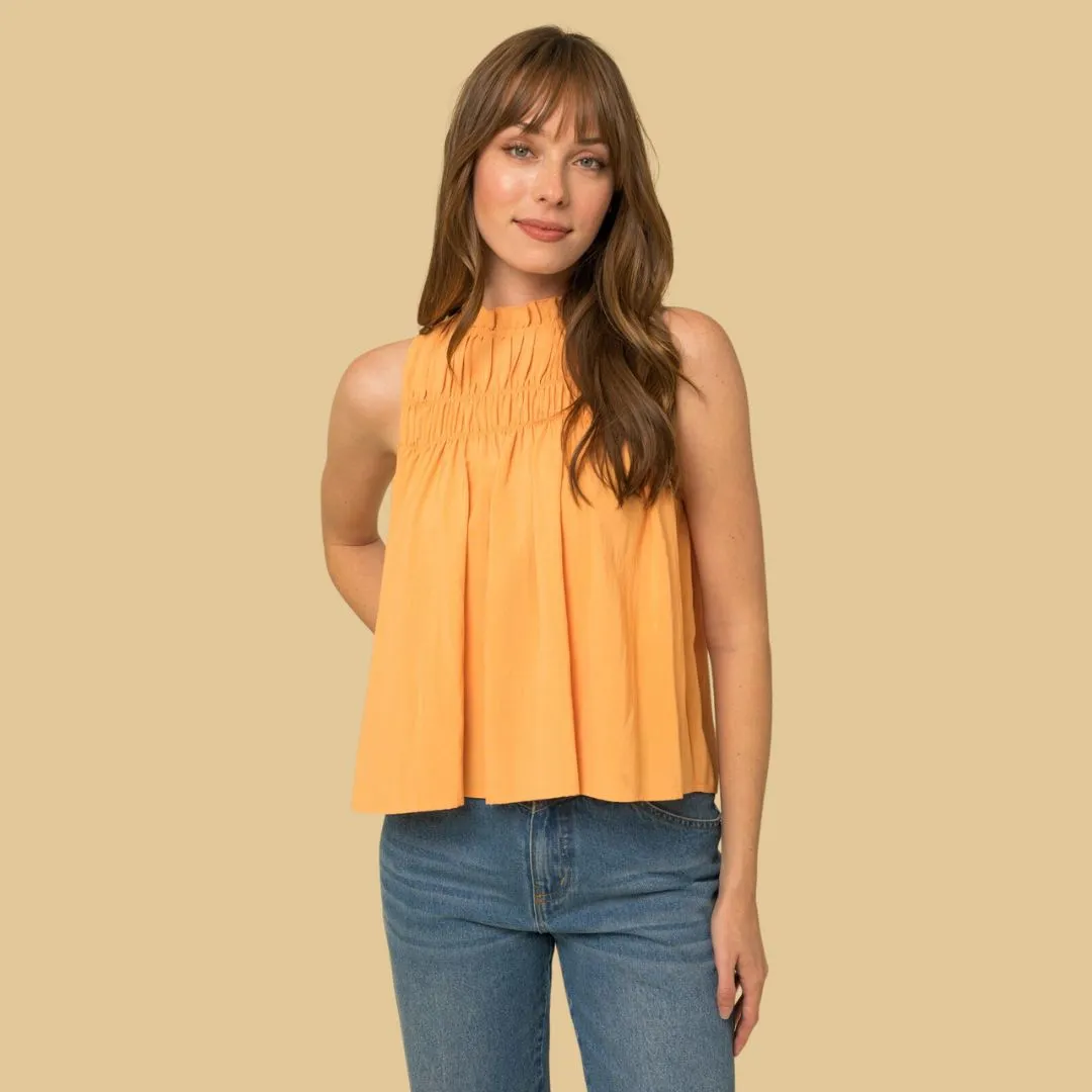 Sleeveless Ruffle Neck Smocked Yoke Top (Apricot)