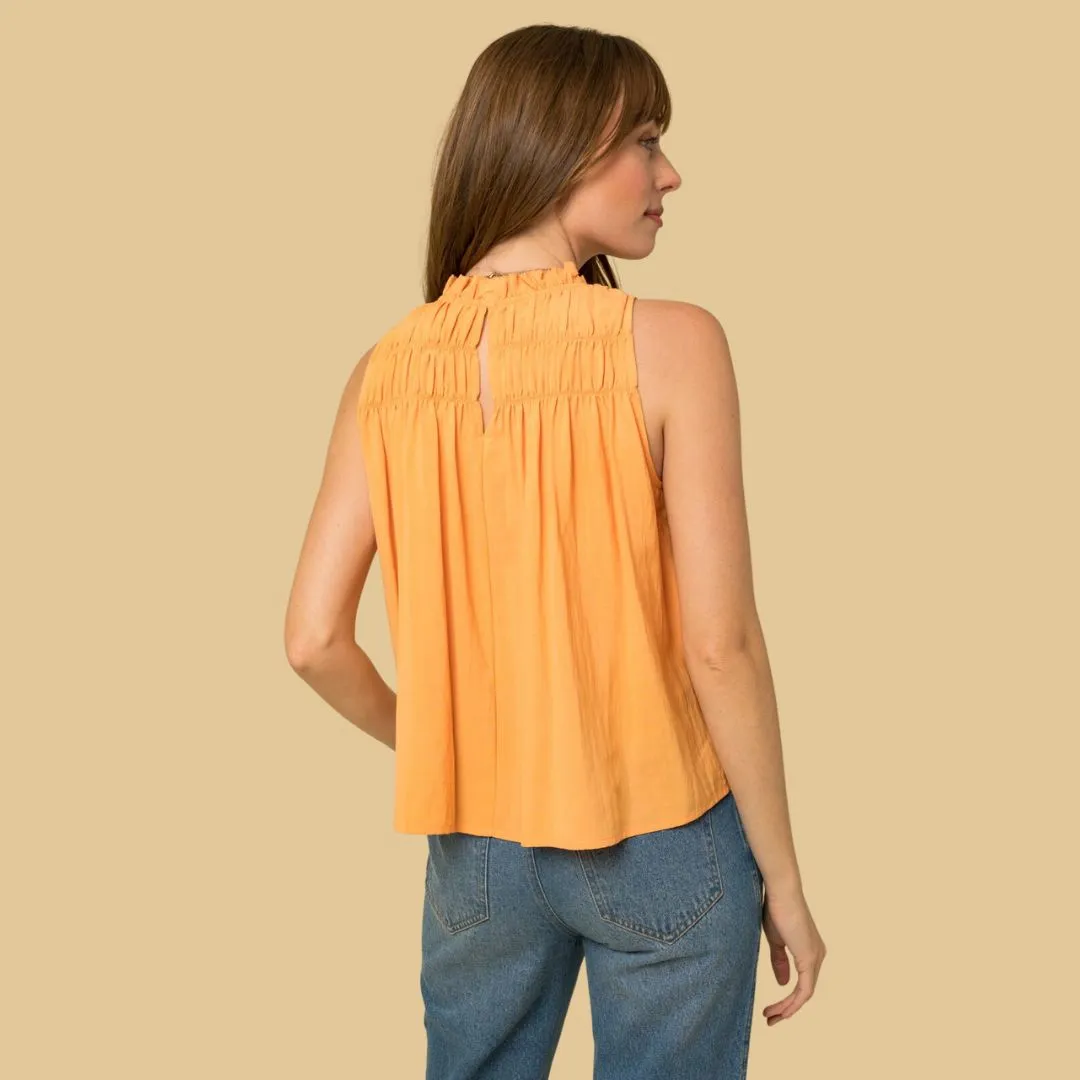 Sleeveless Ruffle Neck Smocked Yoke Top (Apricot)