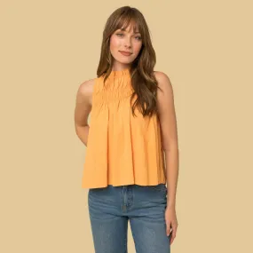 Sleeveless Ruffle Neck Smocked Yoke Top (Apricot)