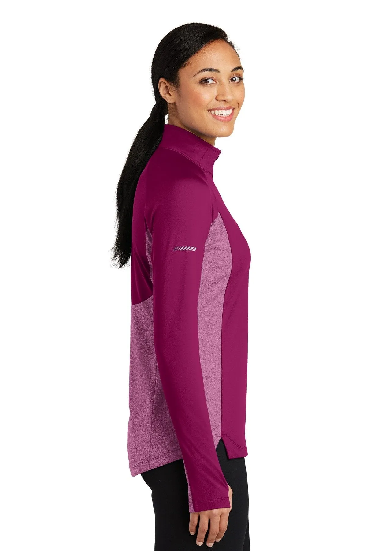 Sport-Tek Ladies Sport-Wick Stretch Contrast 1/2-Zip Pullover LST854 Pink Rush/ Pink Rush Heather