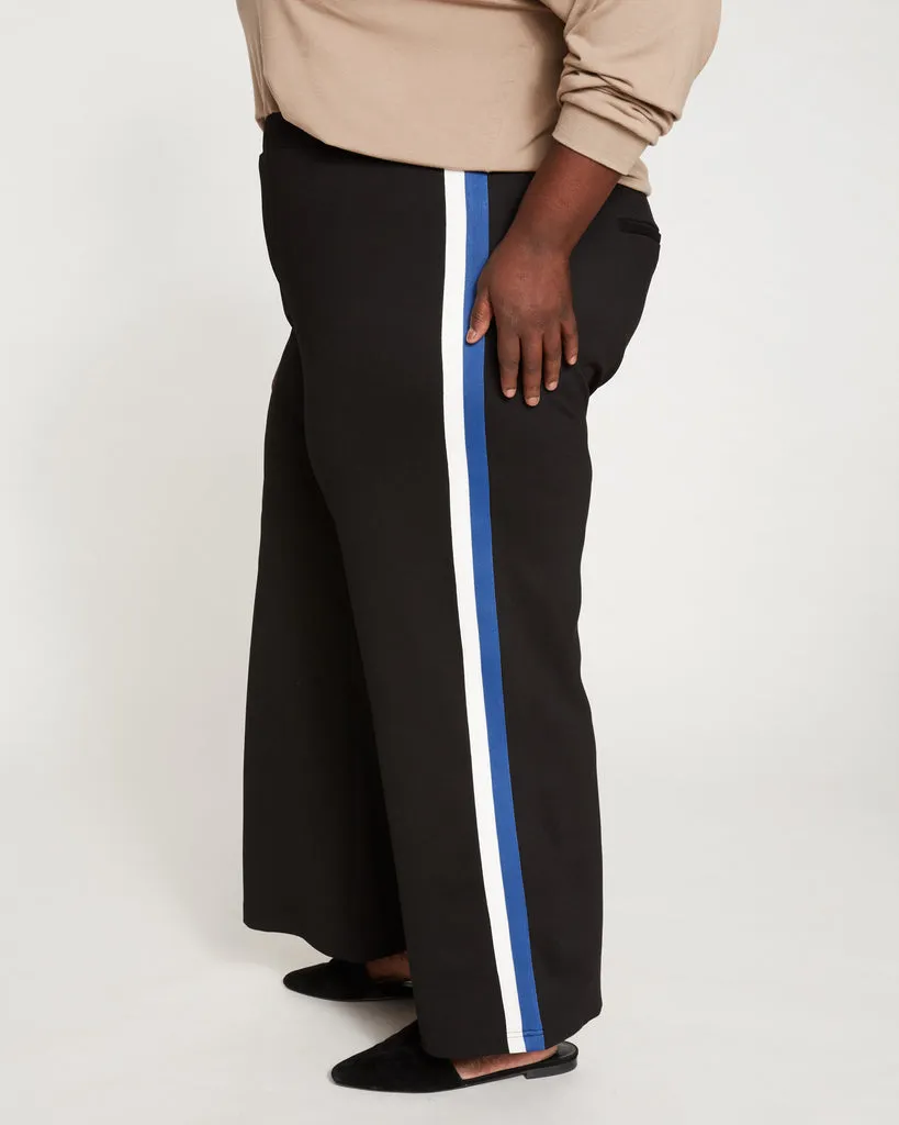 Stephanie Wide Leg Stripe Ponte Pants 30 Inch - Black with Blue/White Stripe