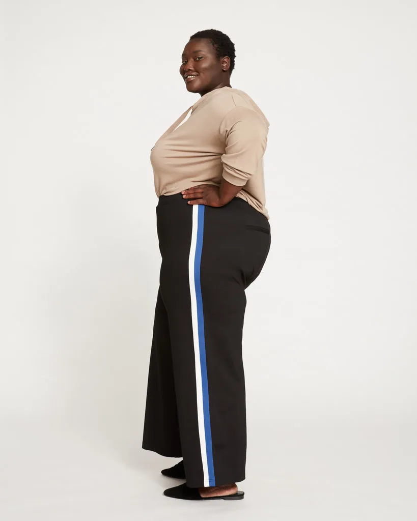 Stephanie Wide Leg Stripe Ponte Pants 30 Inch - Black with Blue/White Stripe