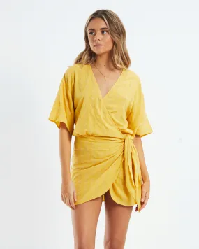 Subtitled Melody Textured Wrap Dress Ochre Yellow