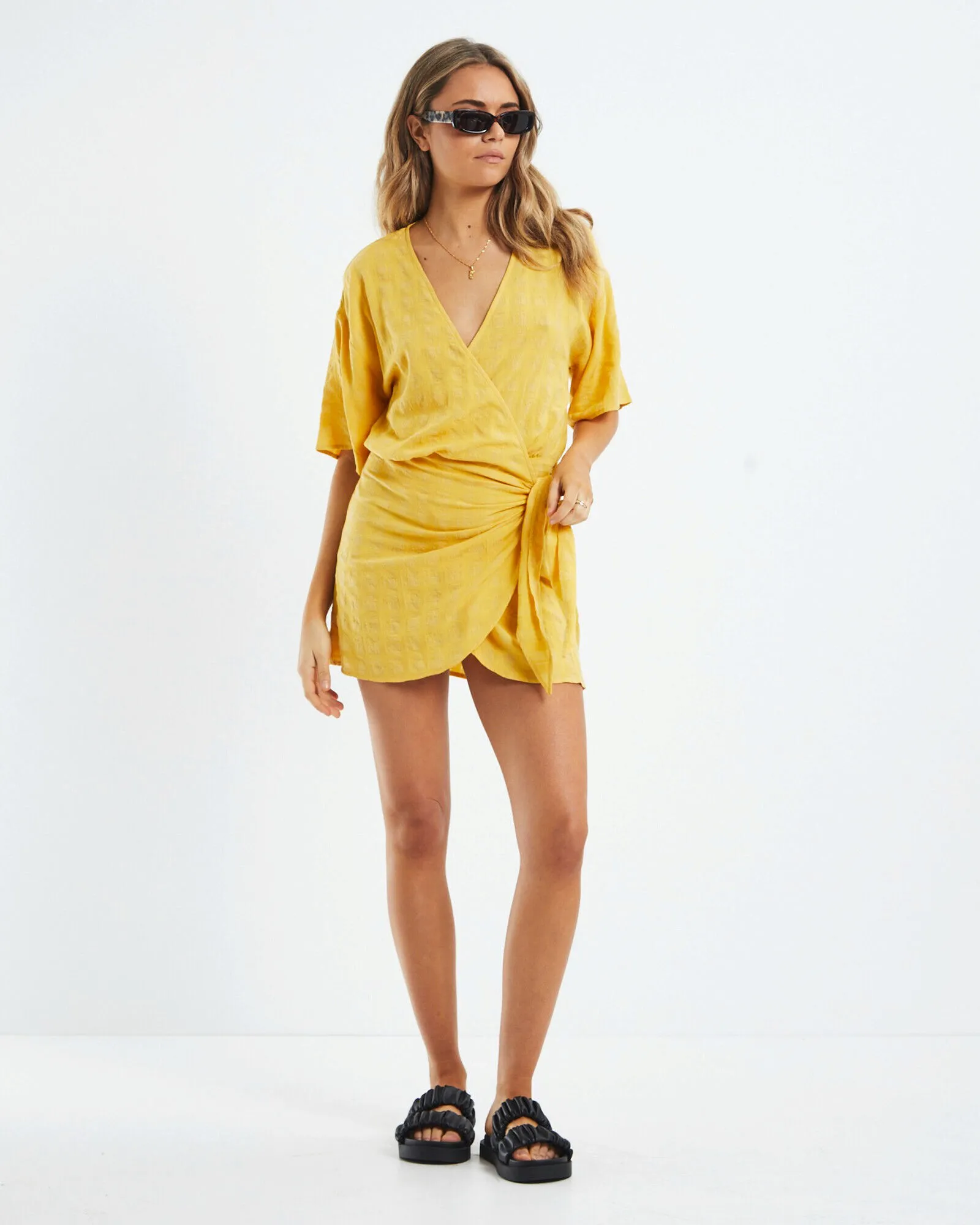 Subtitled Melody Textured Wrap Dress Ochre Yellow