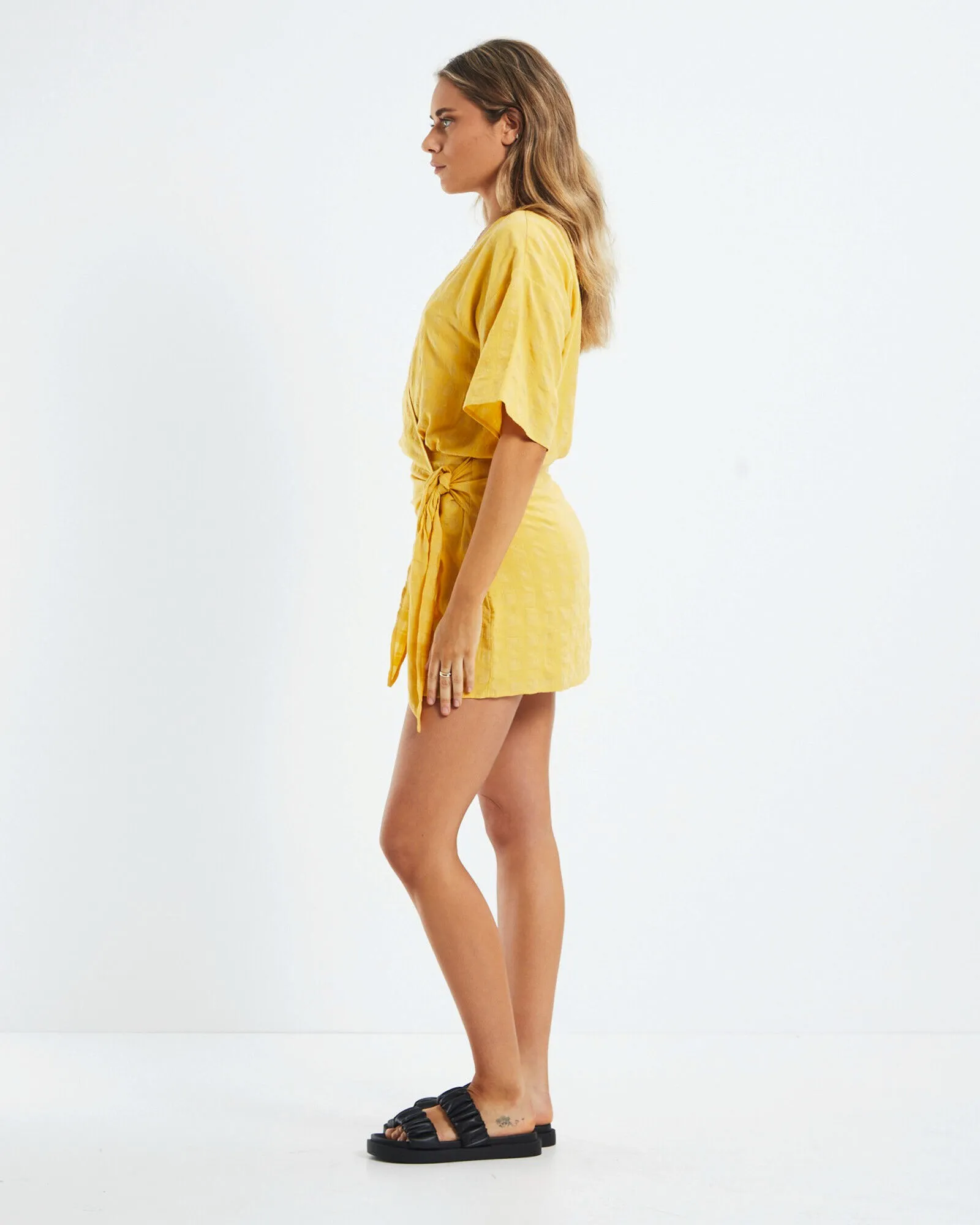 Subtitled Melody Textured Wrap Dress Ochre Yellow