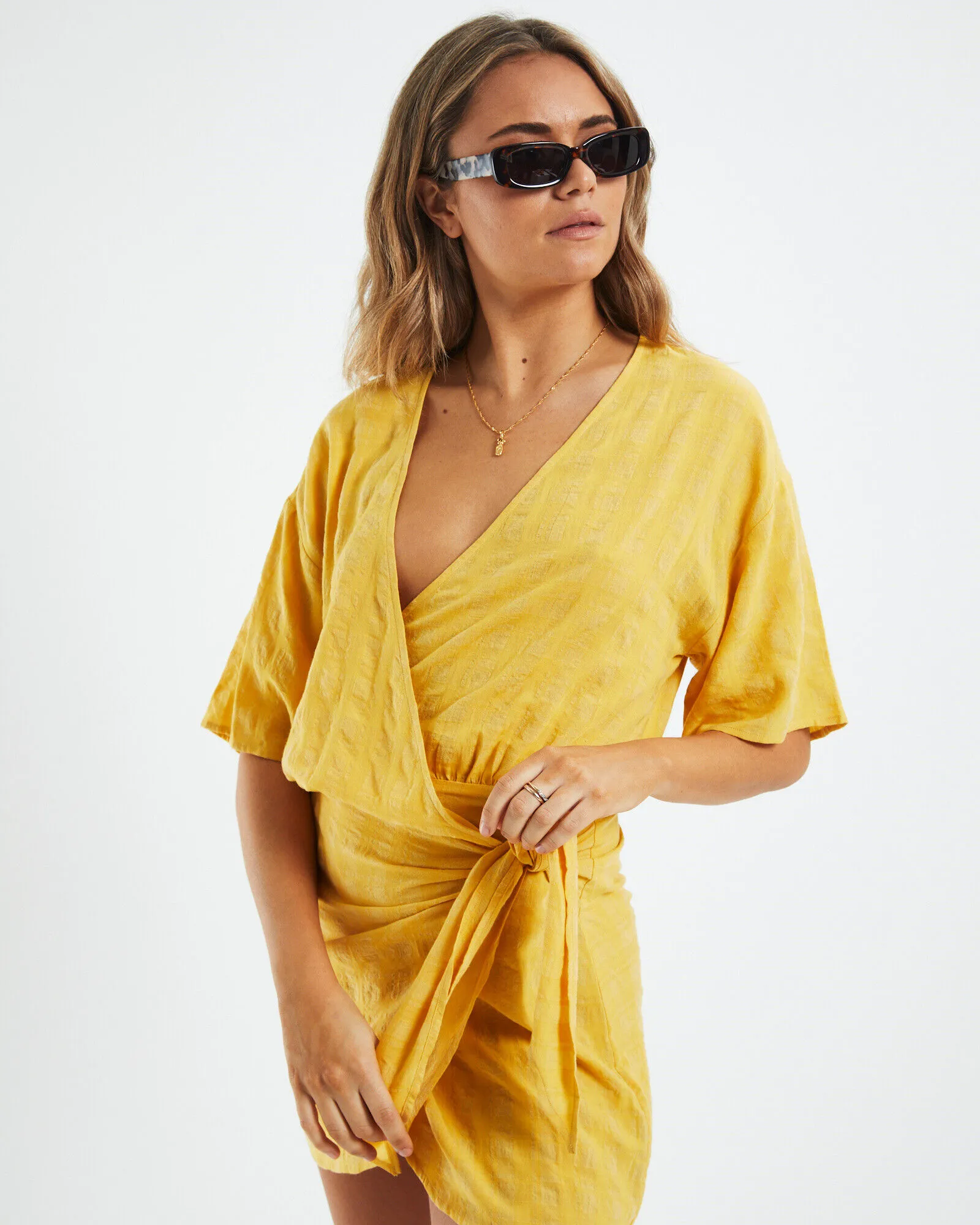 Subtitled Melody Textured Wrap Dress Ochre Yellow