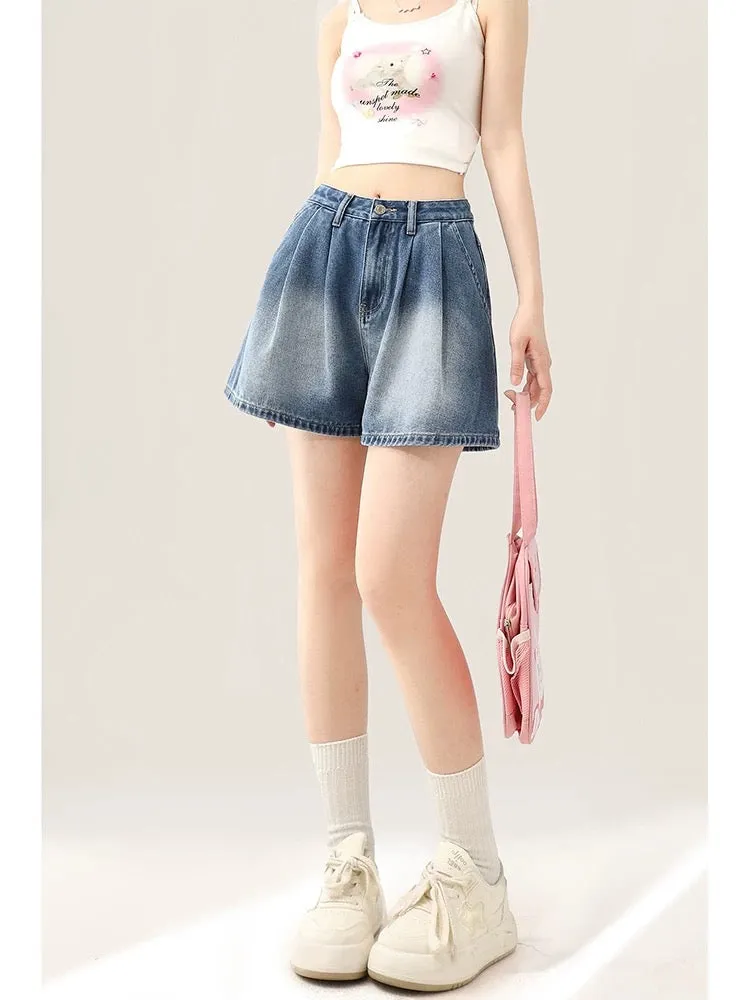 Summer Bow Straight Denim Shorts Women's Summer Dopamine Wear New Loose Wide Leg Petite Pants