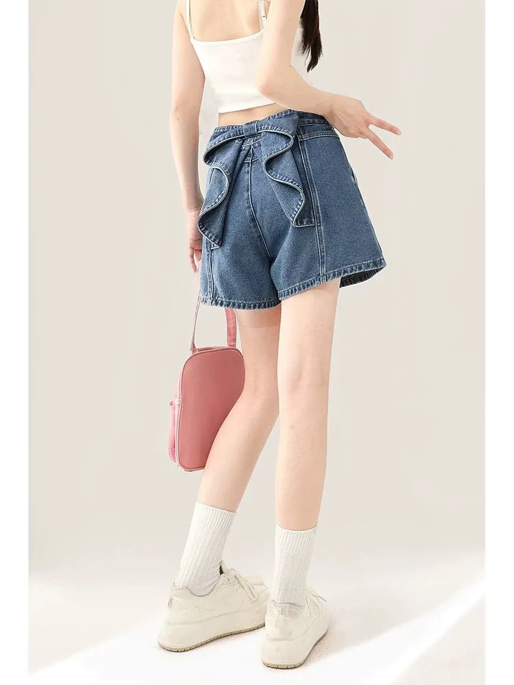 Summer Bow Straight Denim Shorts Women's Summer Dopamine Wear New Loose Wide Leg Petite Pants