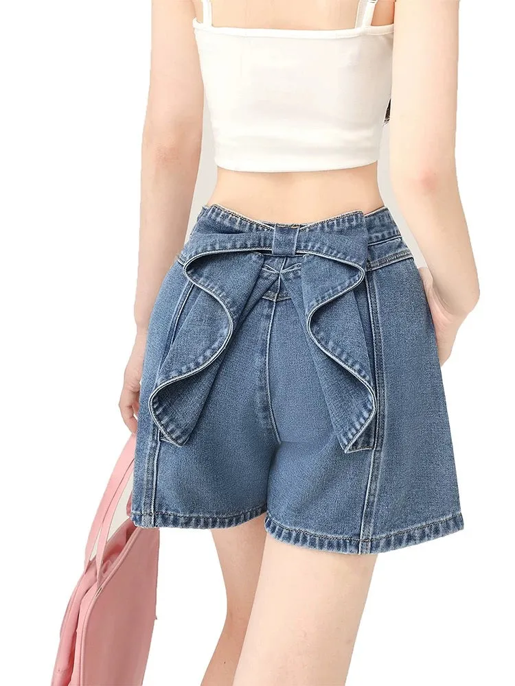 Summer Bow Straight Denim Shorts Women's Summer Dopamine Wear New Loose Wide Leg Petite Pants