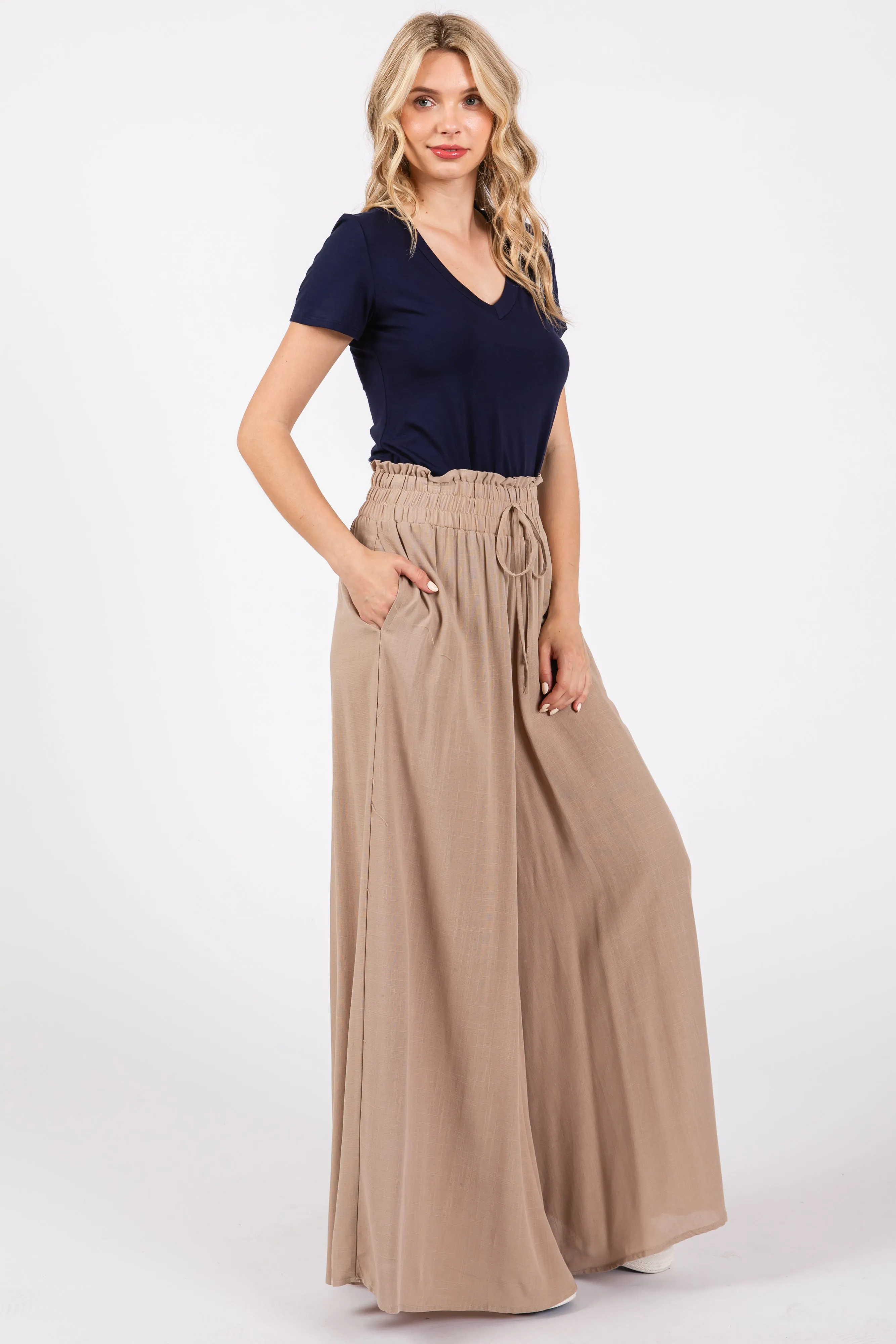 Taupe Wide Leg Smocked Lightweight Pants