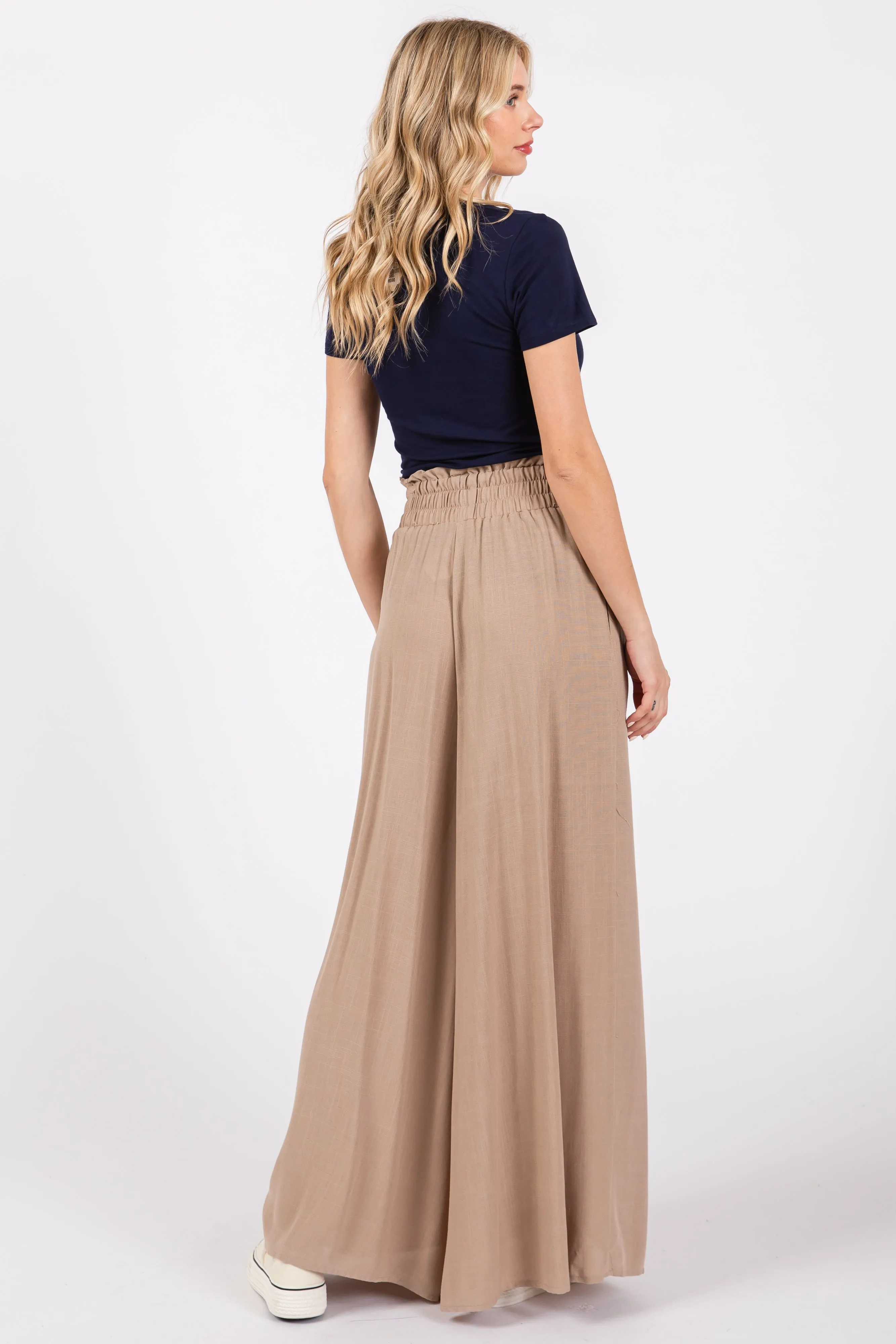 Taupe Wide Leg Smocked Lightweight Pants