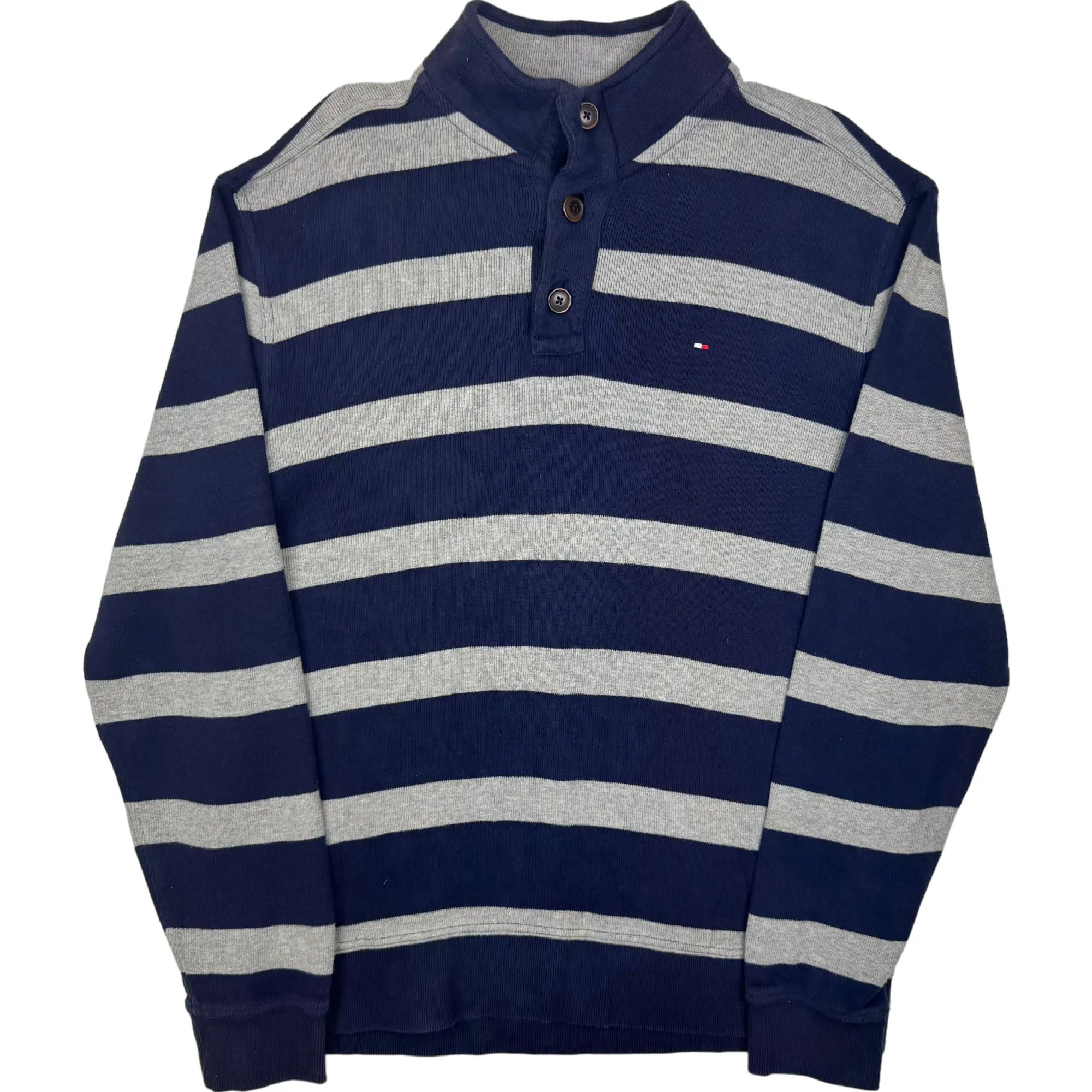 Tommy Hilfiger Striped Pullover Quarter Button Sweatshirt Blue Grey