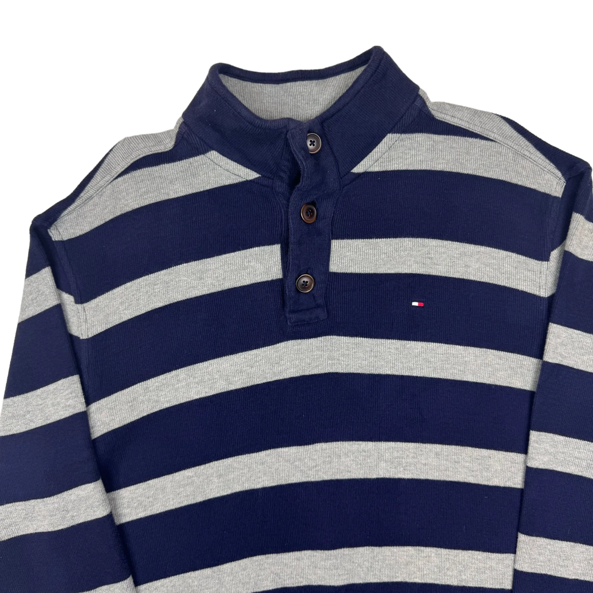 Tommy Hilfiger Striped Pullover Quarter Button Sweatshirt Blue Grey