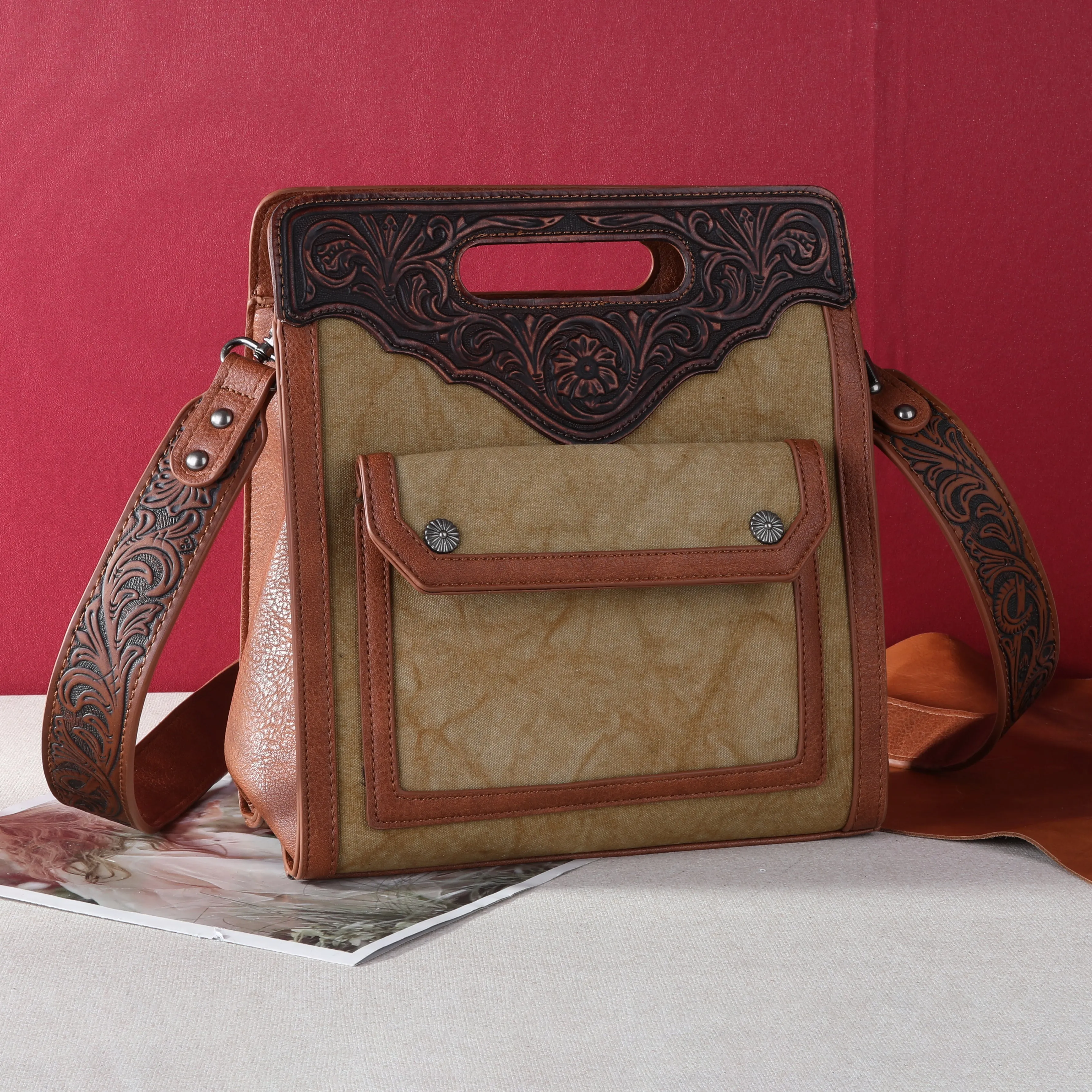 TRF1047G-8119  Trinity Ranch Top Handle Tooled Concealed Carry Tote/Crossbody-Brown