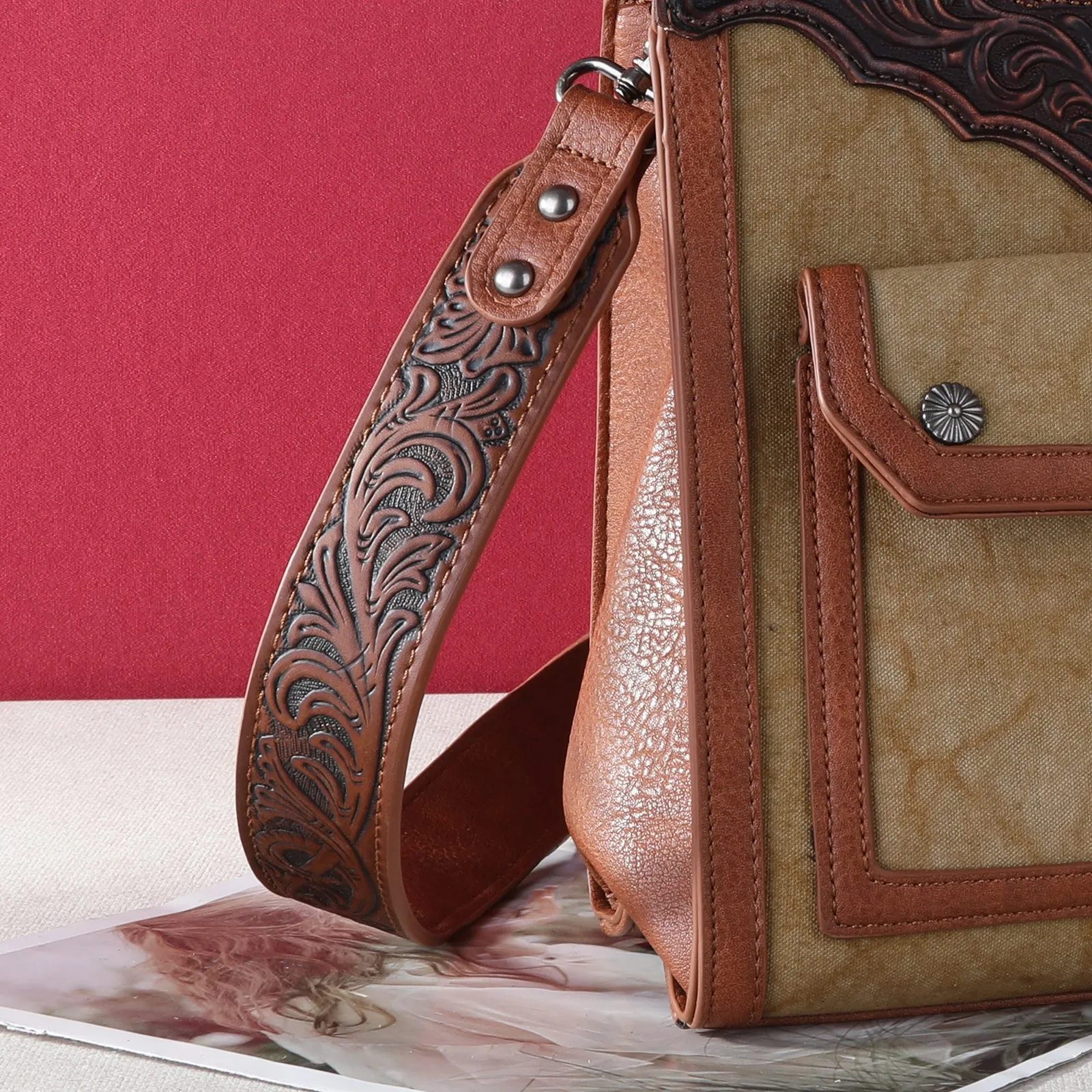 TRF1047G-8119  Trinity Ranch Top Handle Tooled Concealed Carry Tote/Crossbody-Brown