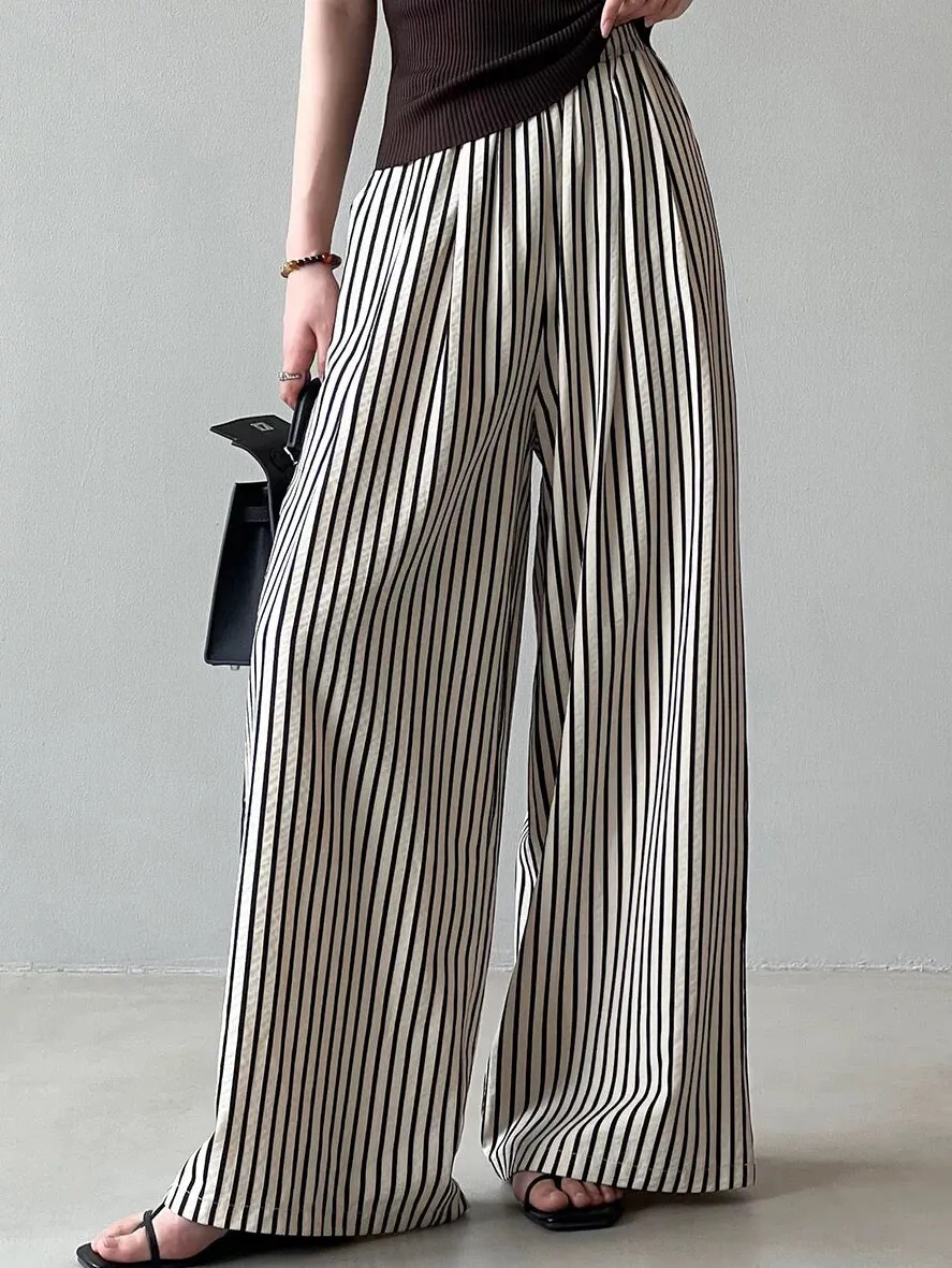 Vertical Striped High Waisted Wide Leg Pants Women's Summer Retro Loose Casual Pants Lazy Style Thin Straight Floor-Mopping Long