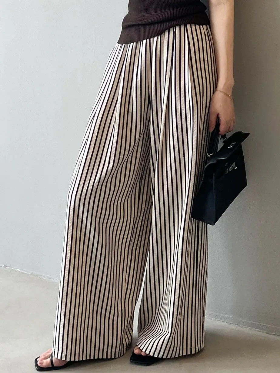 Vertical Striped High Waisted Wide Leg Pants Women's Summer Retro Loose Casual Pants Lazy Style Thin Straight Floor-Mopping Long