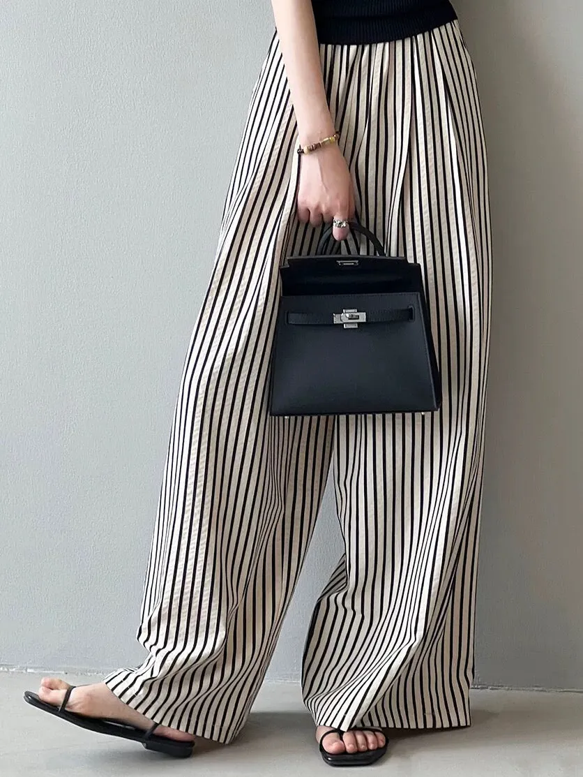 Vertical Striped High Waisted Wide Leg Pants Women's Summer Retro Loose Casual Pants Lazy Style Thin Straight Floor-Mopping Long