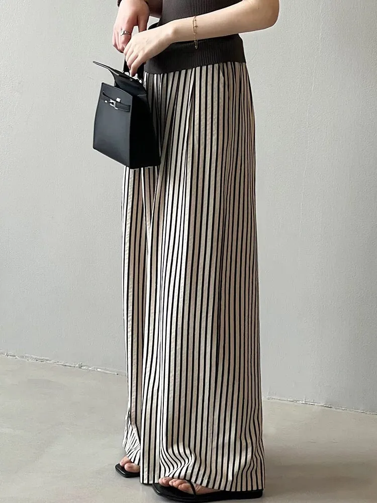 Vertical Striped High Waisted Wide Leg Pants Women's Summer Retro Loose Casual Pants Lazy Style Thin Straight Floor-Mopping Long